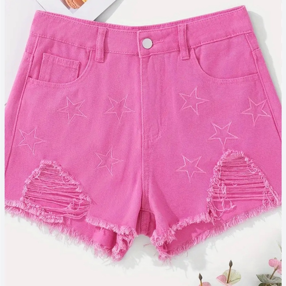 Amazon Pink Star Patterned Jean Shorts large